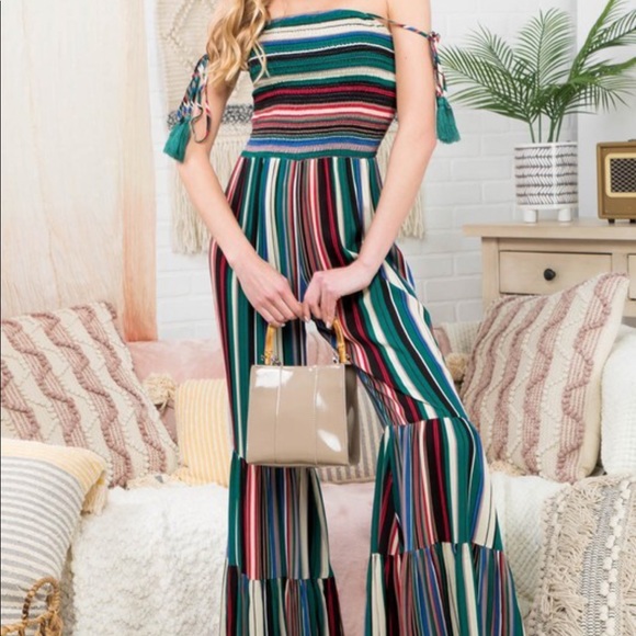 Stripe Off Shoulder Wide Bottom Jumpsuit - Picture 6 of 6